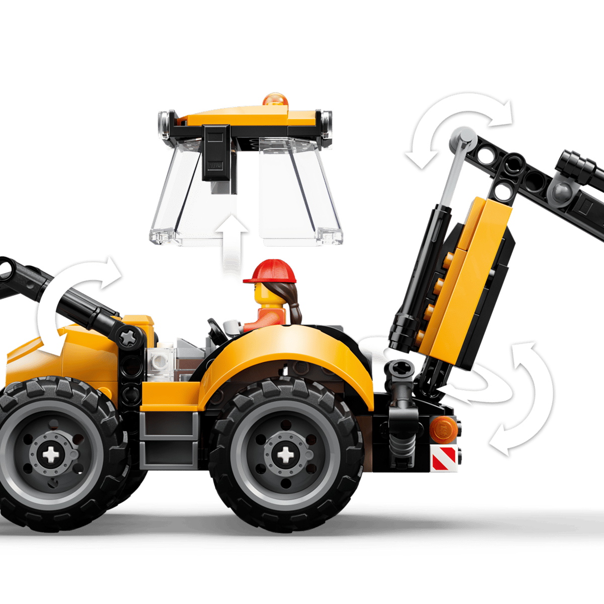 LEGO 60480 hood open revealing the engine with a worker minifigure in the cab